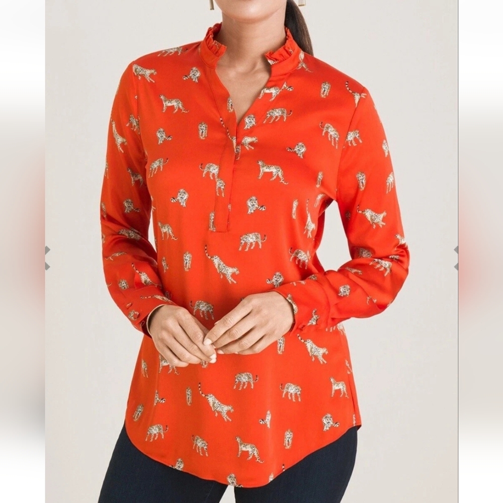 Chico's Leopard Pattern Orange Blouse Size 12/14 - image 1
